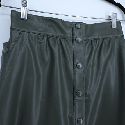 Sea NYC Lena Vegan Leather Skirt Green Midi A Line Full Button Front Women's 6