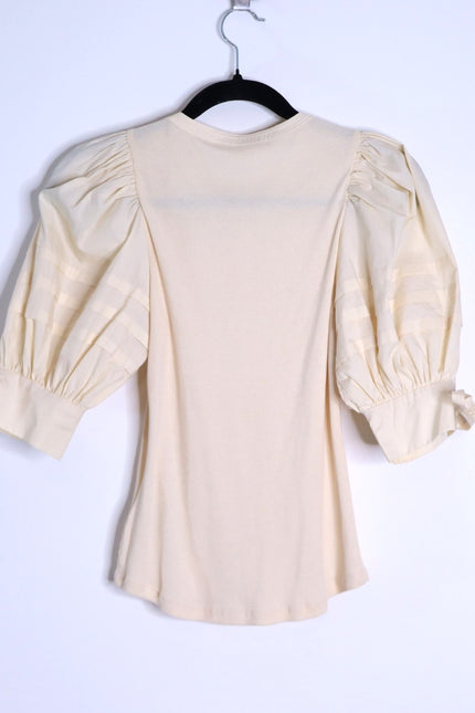 ULLA JOHNSON NWT Iman Poplin Sleeve Top Cream Henley Ribbed Women's P/US 0-00