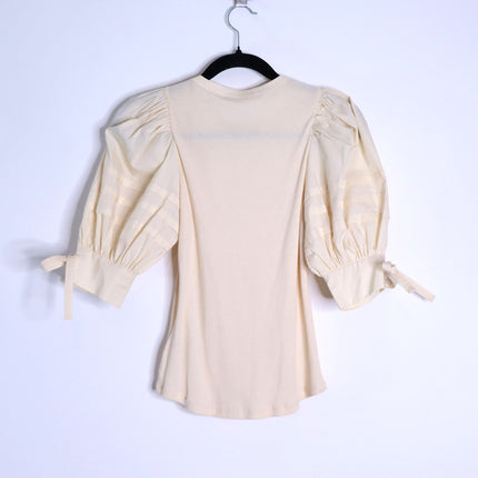 ULLA JOHNSON Iman Poplin Sleeve Top NWT Cream Henley Ribbed Women's P/US 0-00
