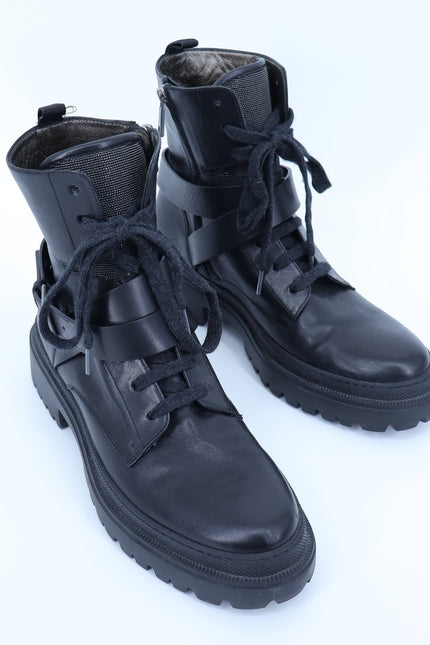 BRUNELLO CUCINELLI Monili Combat Boots Black Leather Lace Up Women's 40/US 10