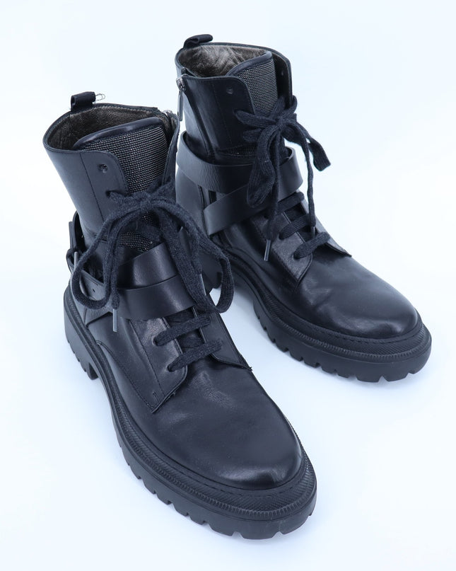 BRUNELLO CUCINELLI Monili Combat Boots Black Leather Lace Up Women's 40/US 10