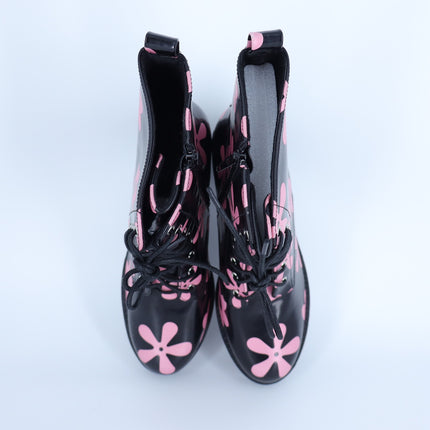 Allegra K Platform Heeled Boots Black Pink Floral Lace Up Women's 41/US 10