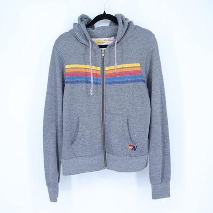 Aviator Nation 5 Stripe Zip Up Hoodie Heathered Grey Classic Fit Women's S