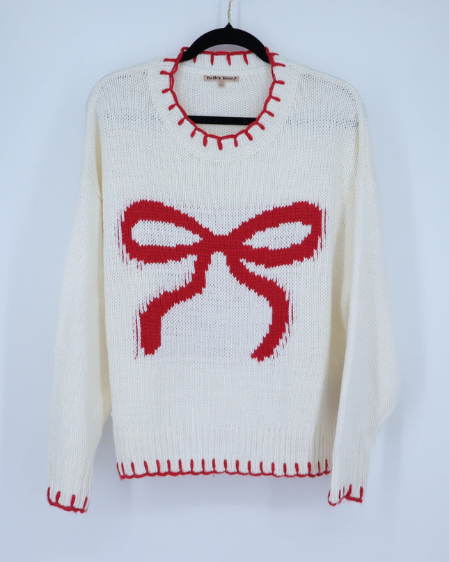 Bailey Rose Bow Pullover Sweater Cream and Red NWT Long Sleeve Women's S