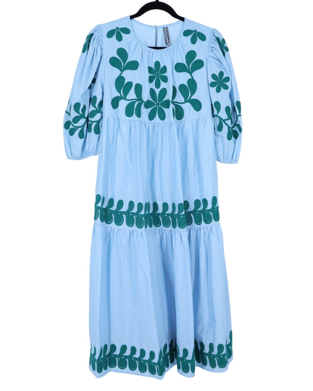 by ANTHROPOLOGIE Embroidered Midi Dress Light Blue Puff Sleeve Women's XS