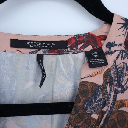 Scotch & Soda Printed Silk Midi Dress Pink Waist Tie Long Sleeve Women's XS