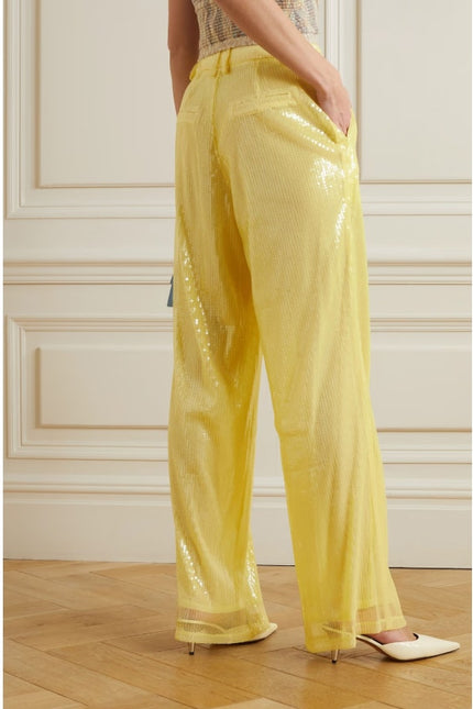 STAUD NEW Luisa Trouser Pleated Sequin Wide-leg Yellow High Rise Women's 16