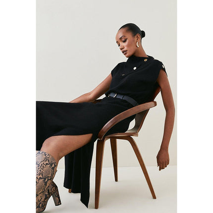 KAREN MILLEN Belted Knit Midi Dress NWT Black Wool Blend Short Sleeve Women's XS