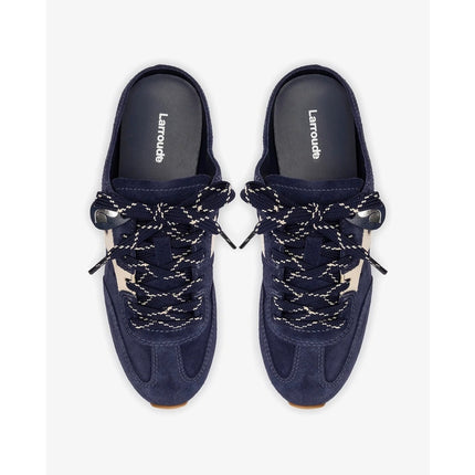 Larroude Stella Mule Navy Suede Ivory Napa Leather Lace Up Sneakers Women's 6.5