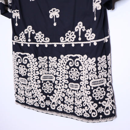 MAEVE Short Sleeve Collared Mini Shirt Dress Black Embroidered Casual Women's XS