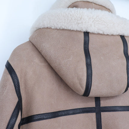 SAM Farryn Shearling Aviator Jacket Tan Black Leather Long Sleeve Coat Women's M