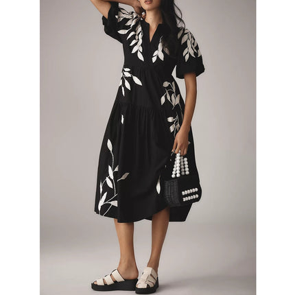 Anthropologie Embroidery Applique Midi Dress Black Puff Sleeve Women's XS