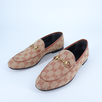 Gucci Jordaan Horsebit Loafers Beige GG Canvas Slip On Women's 35.5/US 5.5