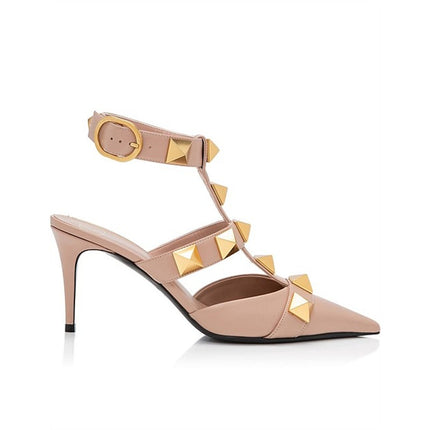 VALENTINO Roman Stud Leather Heeled Sandal Blush Pink Pointed Toe Women's 36