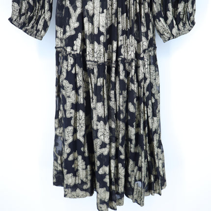Mille Marlo Dress Black Gold Metallic Jacquard Belted Long Sleeve Women's XXS