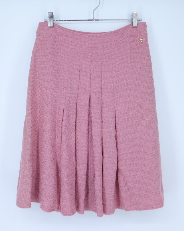 Chanel Coco Mark Tweed Skirt Mauve Pink Pleated Summer Wool Women's 40/US 8