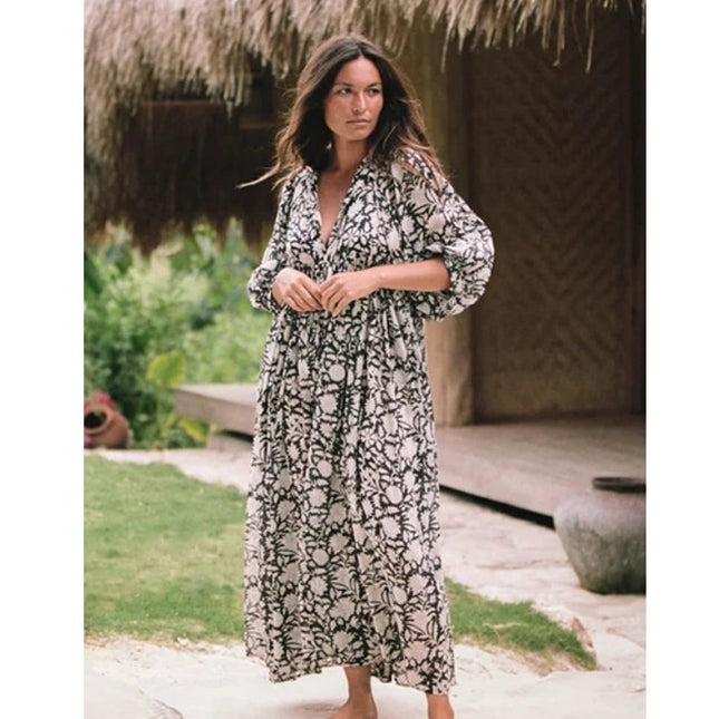 Daughters of India Kyra Maxi Dress Pepper Black NWT Jaal Block Print Women's S