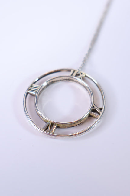 TIFFANY & CO Silver Atlas Pendant Chain Necklace Open Round Roman Clock Numerals