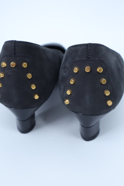 TOD'S Studded Suede Pumps Black and Gold Kitten Heel Women's 38/US 8