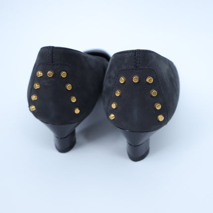TOD'S Studded Suede Pumps Black and Gold Kitten Heel Women's 38/US 8