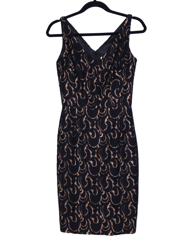 BADGLEY MISCHKA Lace Overlay Cocktail Dress Black V Neck Knee Length Women's 0