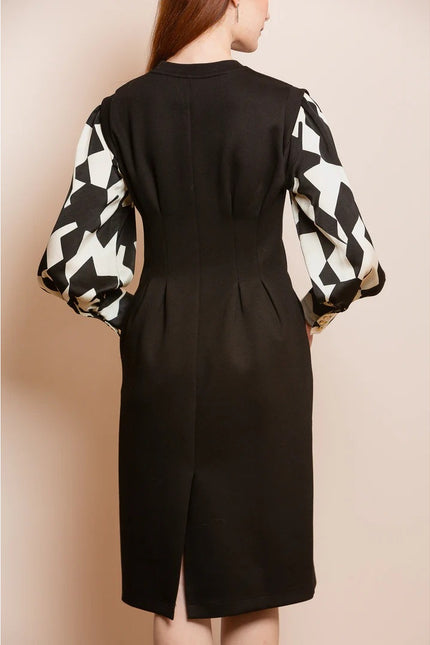 JESSIE LIU Ponte Midi Dress Black Printed Sleeves Tailored Fit Women's XS