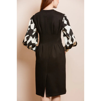 JESSIE LIU Ponte Midi Dress Black Printed Sleeves Tailored Fit Women's XS