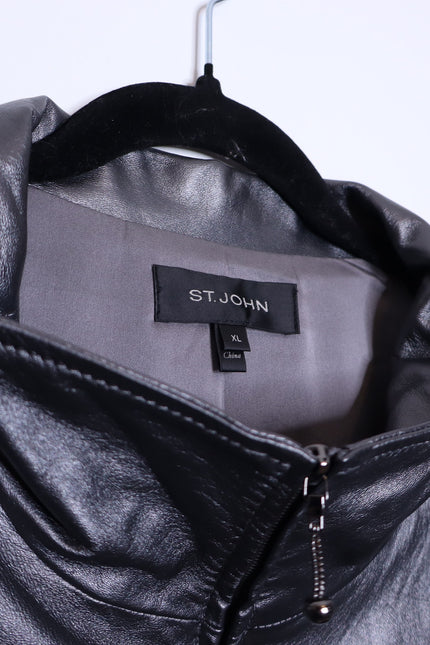 ST. JOHN Nappa Leather Jacket Dark Grey Silk Lined Half Sleeve Women's XL