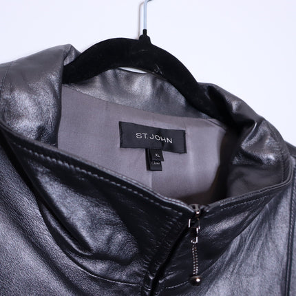 ST. JOHN Nappa Leather Jacket Dark Grey Silk Lined Half Sleeve Women's XL