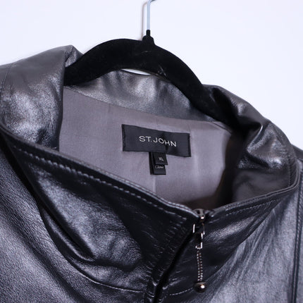 ST. JOHN Nappa Leather Jacket Dark Grey Silk Lined Half Sleeve Women's XL