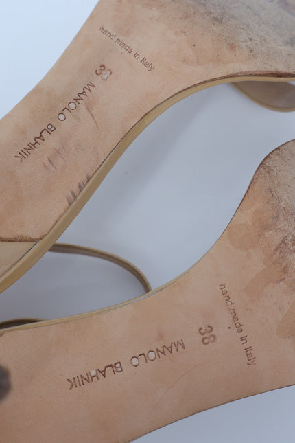 MANOLO BLAHNIK Chaos Beige Patent Leather Ankle Strap Sandals Women's 38/US 8