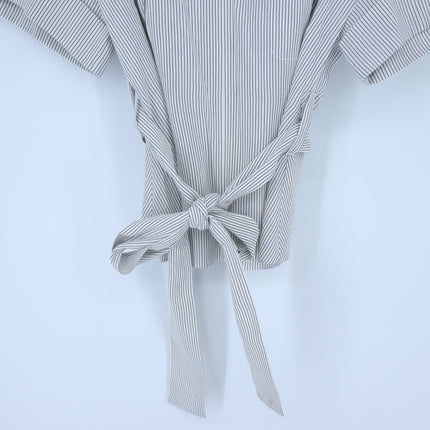 Vince Self Tie V Neck Blouse White Gray Striped Cuffed Sleeve Women's L