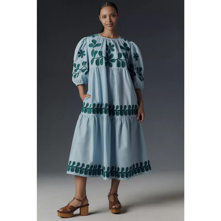 by ANTHROPOLOGIE Embroidered Midi Dress Light Blue Puff Sleeve Women's XS