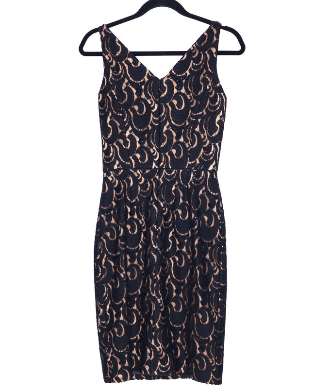BADGLEY MISCHKA Lace Overlay Cocktail Dress Black V Neck Knee Length Women's 0