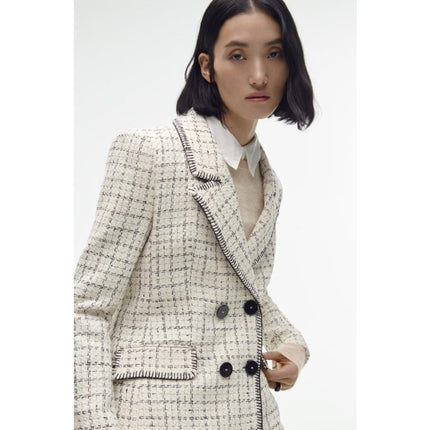Zara Double Breasted Textured Jacket Ecru Black Tweed Long Sleeve Women's M