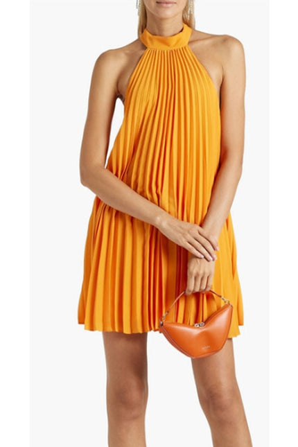 ALICE + OLIVIA Halterneck Sunburst Pleated Mini Dress Orange NWT Women's M
