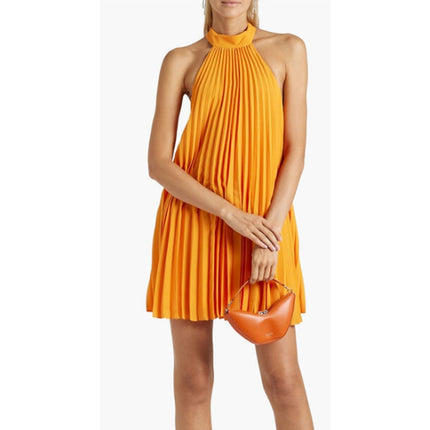 ALICE + OLIVIA Halterneck Sunburst Pleated Mini Dress Orange NWT Women's M