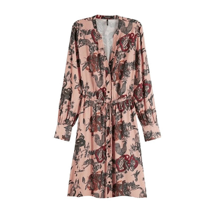 Scotch & Soda Printed Silk Midi Dress Pink Waist Tie Long Sleeve Women's XS