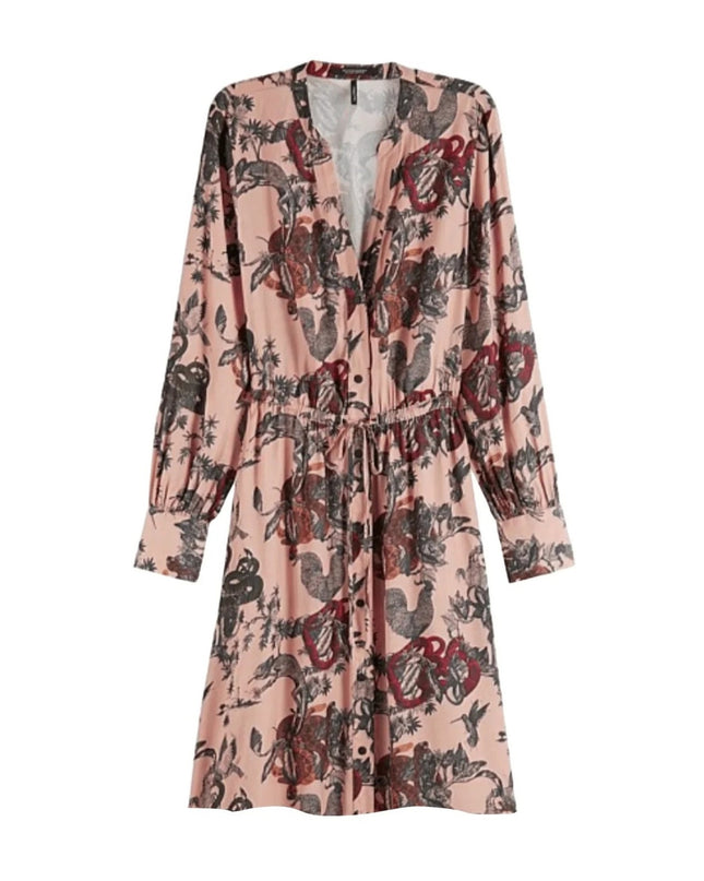 Scotch & Soda Printed Silk Midi Dress Pink Waist Tie Long Sleeve Women's XS