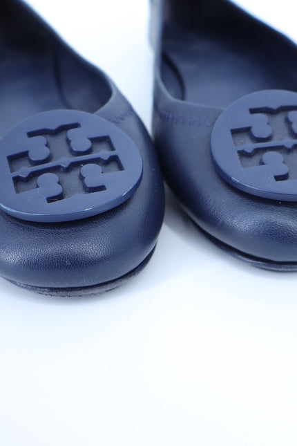 TORY BURCH Reva Flats Navy Blue Leather Slip On Travel Ballet Shoe Women's 6.5