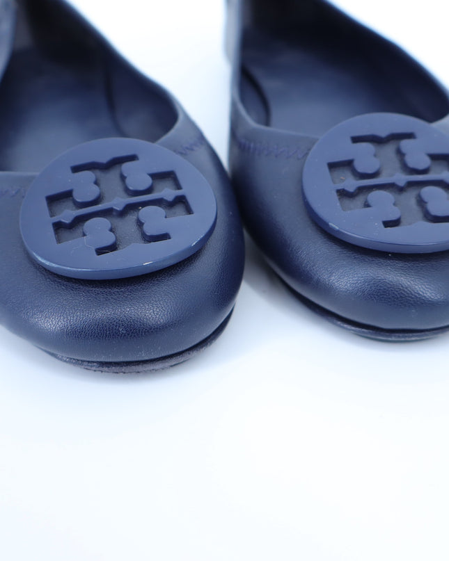 TORY BURCH Reva Flats Navy Blue Leather Slip On Travel Ballet Shoe Women's 6.5