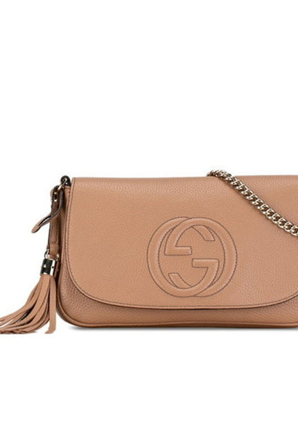 GUCCI Soho Interlocking G Crossbody Bag Camellia Tan Pebbled Leather Chain Strap