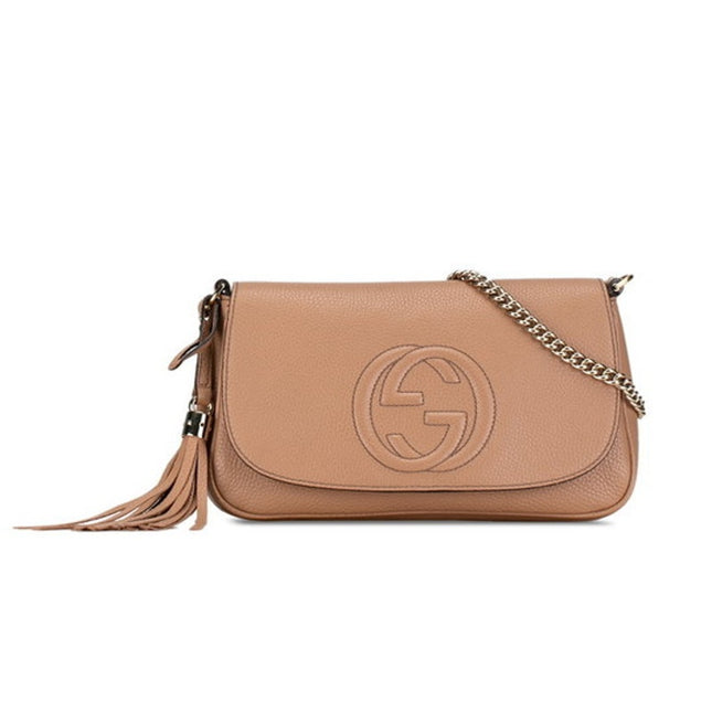 GUCCI Soho Interlocking G Crossbody Bag Camellia Tan Pebbled Leather Chain Strap
