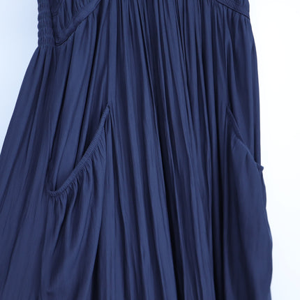 RAMY BROOK Camden Ruffle Maxi Dress Navy Blue Accordion Pleat V Neck Women's M