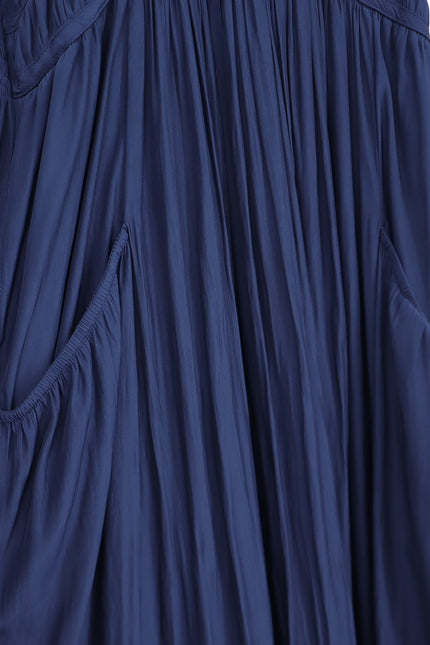 RAMY BROOK Camden Ruffle Maxi Dress Navy Blue Accordion Pleat V Neck Women's M