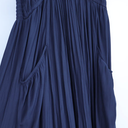 RAMY BROOK Camden Ruffle Maxi Dress Navy Blue Accordion Pleat V Neck Women's M