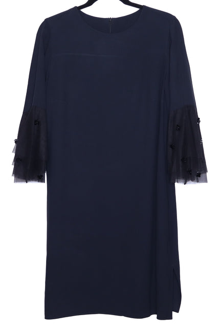 AKRIS PUNTO Embroidered Tulle Sleeve Shift Dress Black Knee Length Women's 12