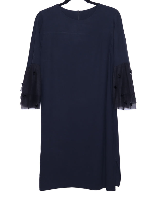 AKRIS PUNTO Embroidered Tulle Sleeve Shift Dress Black Knee Length Women's 12