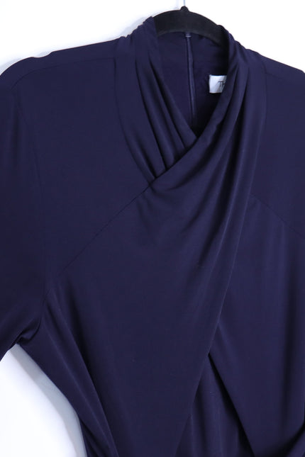 THE FOLD Wrap Belted Midi Dress Navy Blue Long Sleeve Women's 8