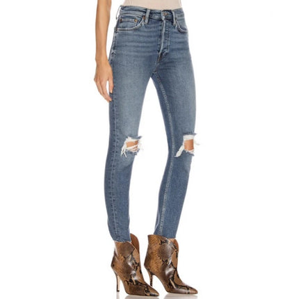RE/DONE 90's Ankle Crop Jeans Blue Dusk Destroy High Rise Stretch Women's 25